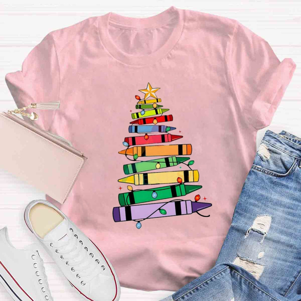 Christmas Crayons Tree Colored Lights Teacher T-shirt