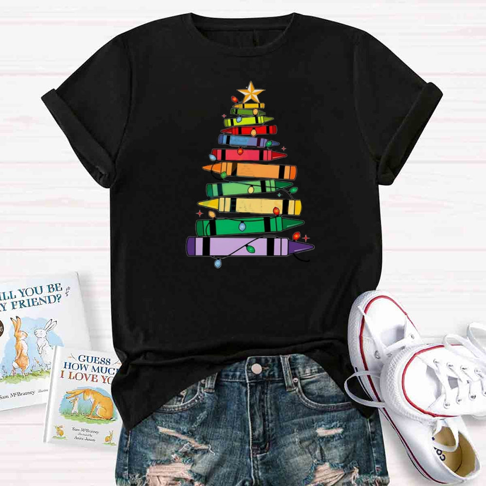 Christmas Crayons Tree Colored Lights Teacher T-shirt