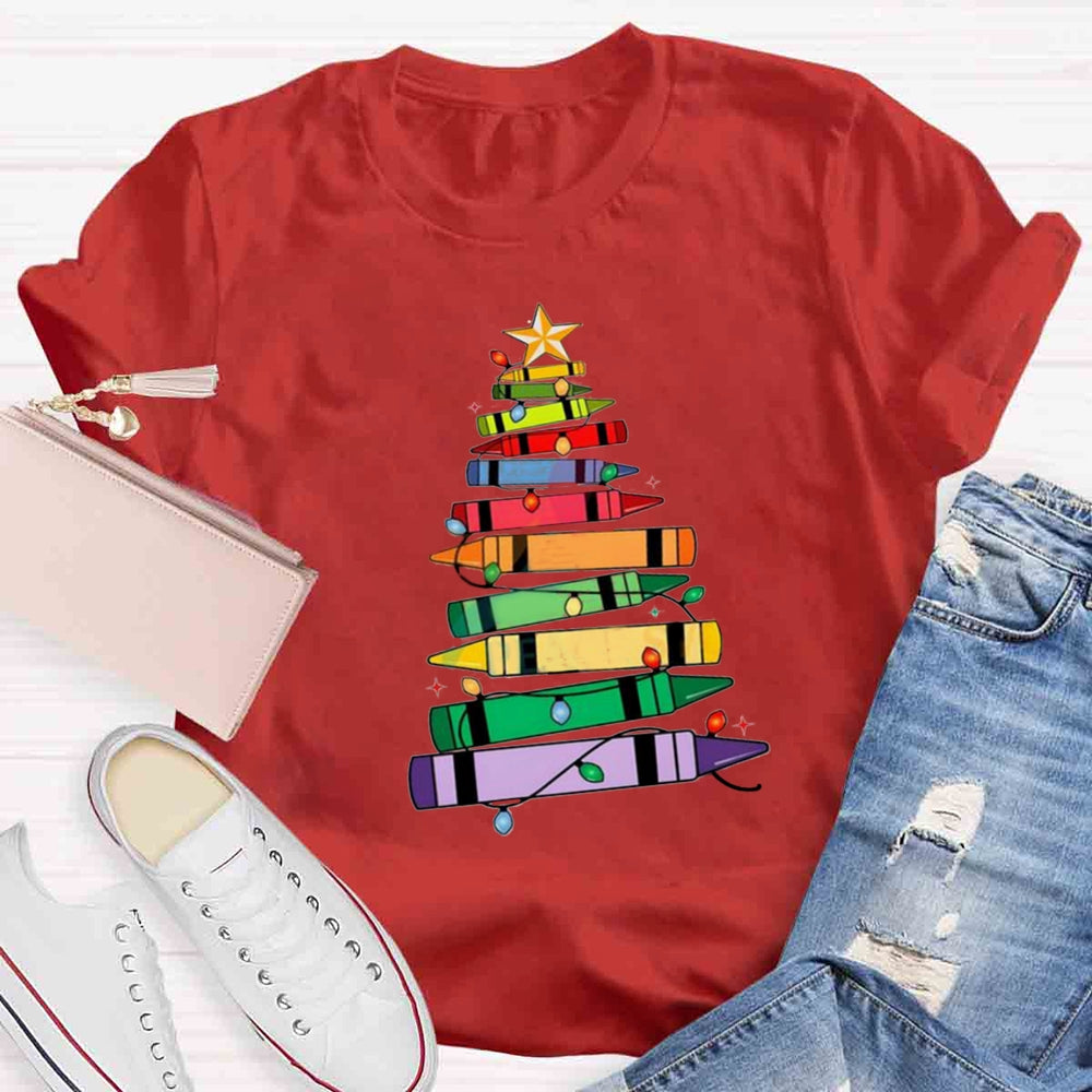 Christmas Crayons Tree Colored Lights Teacher T-shirt