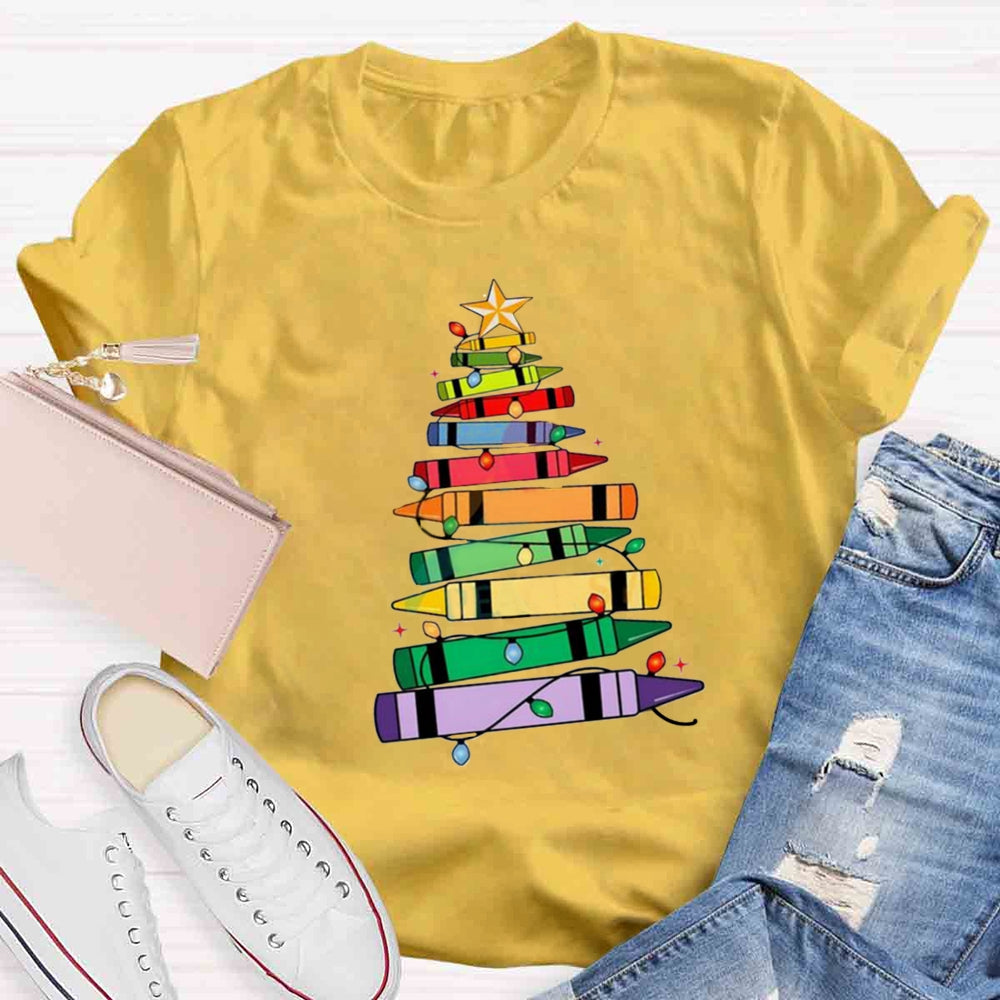 Christmas Crayons Tree Colored Lights Teacher T-shirt