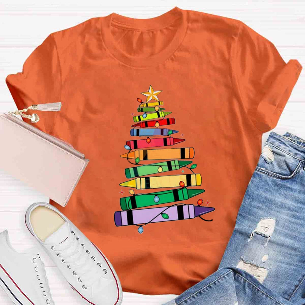 Christmas Crayons Tree Colored Lights Teacher T-shirt