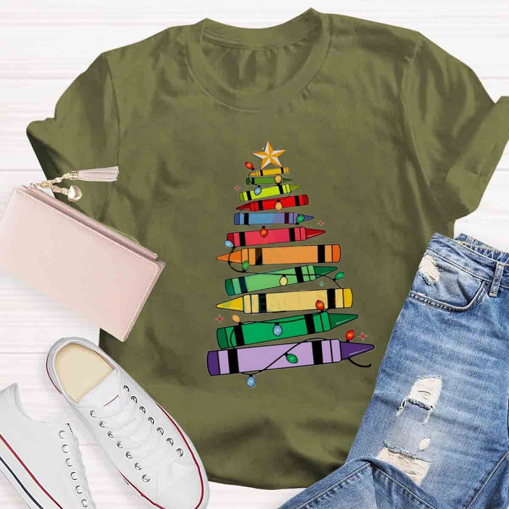 Christmas Crayons Tree Colored Lights Teacher T-shirt