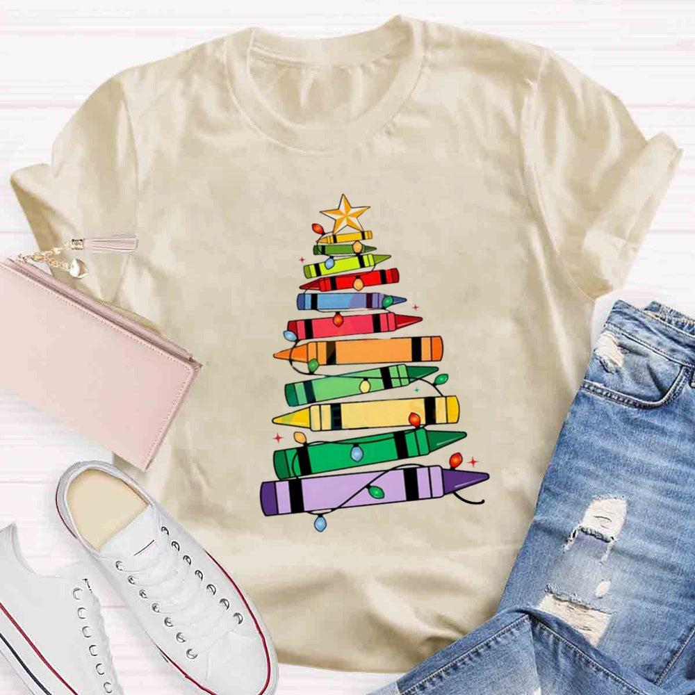 Christmas Crayons Tree Colored Lights Teacher T-shirt