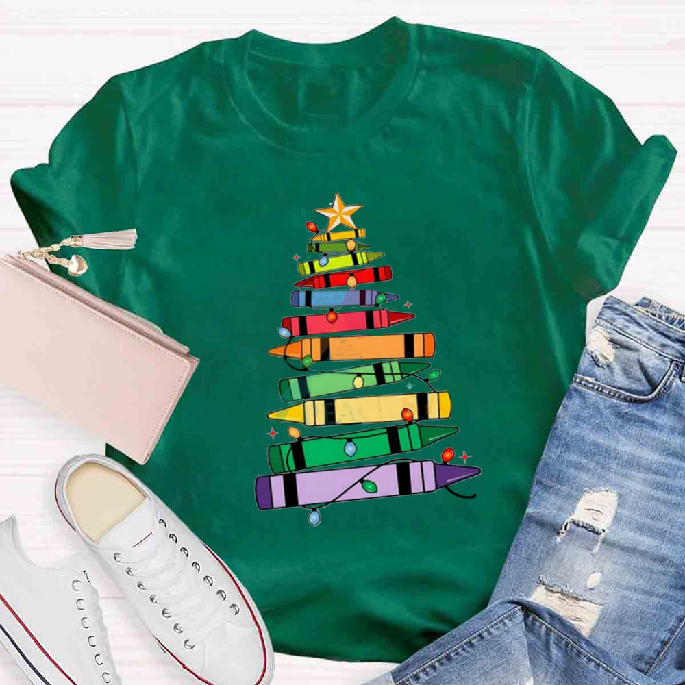 Christmas Crayons Tree Colored Lights Teacher T-shirt