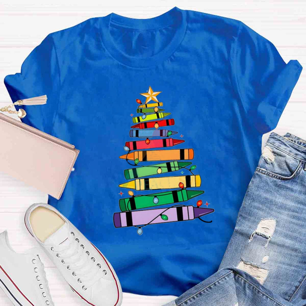 Christmas Crayons Tree Colored Lights Teacher T-shirt