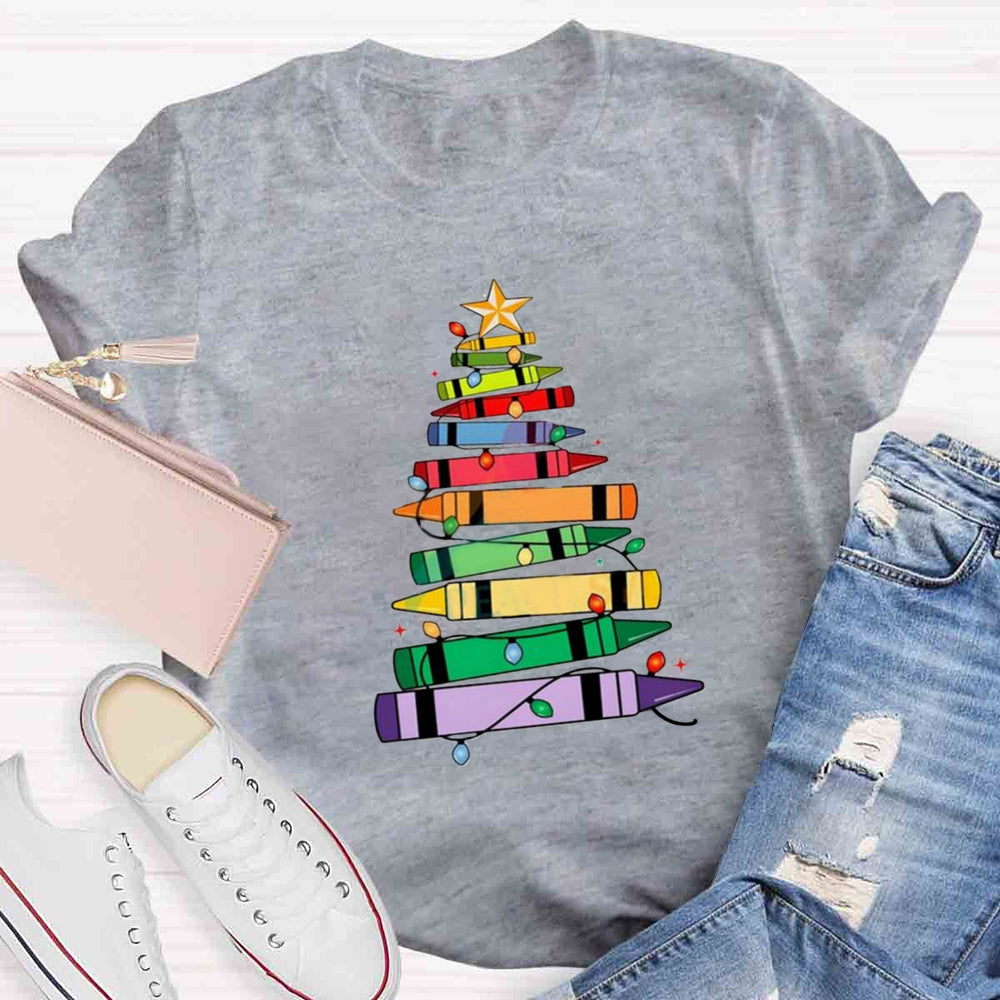 Christmas Crayons Tree Colored Lights Teacher T-shirt