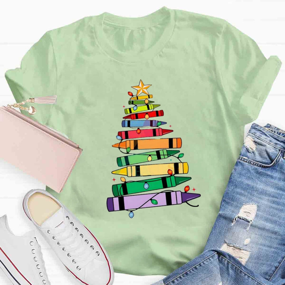 Christmas Crayons Tree Colored Lights Teacher T-shirt