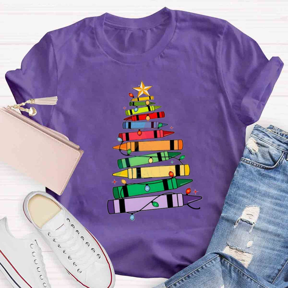 Christmas Crayons Tree Colored Lights Teacher T-shirt