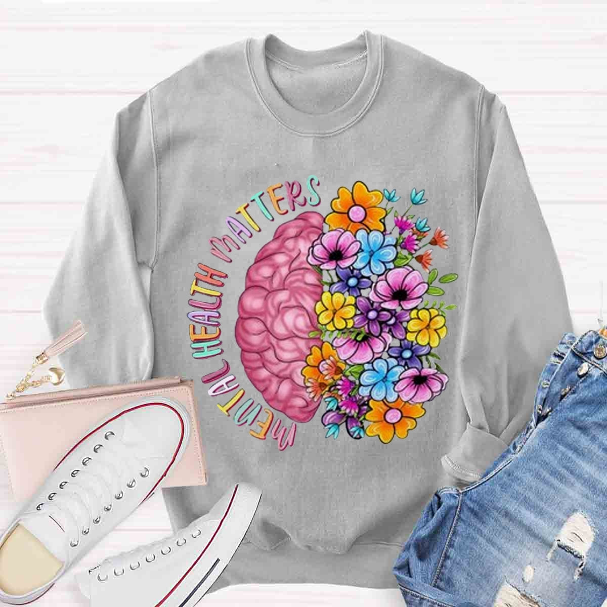 Mental Health Matters Half Brain Half Floral Sweatshirt