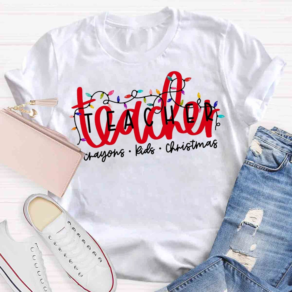 Christmas Lights Teacher Crayons Kids T-shirt