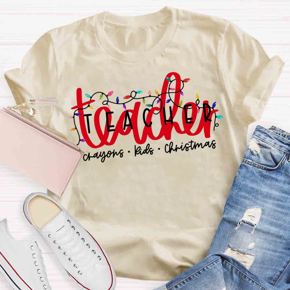 Christmas Lights Teacher Crayons Kids T-shirt