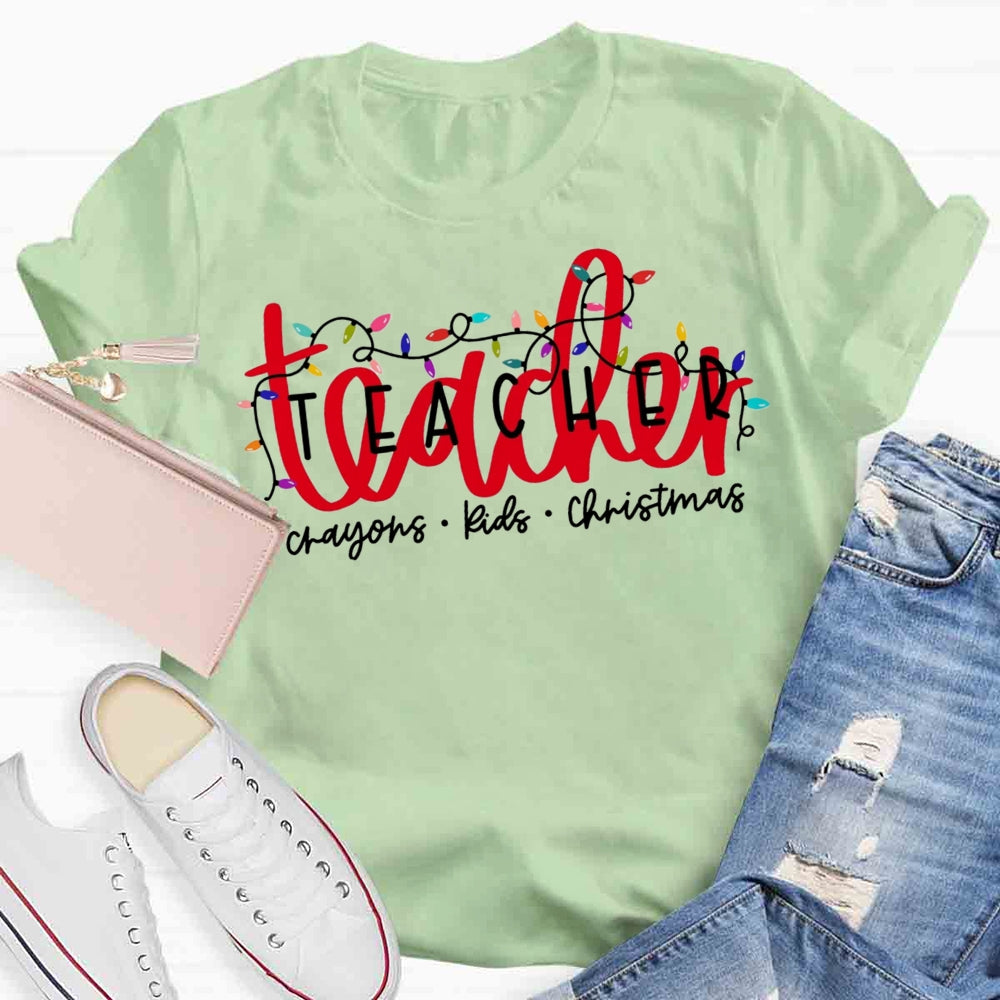 Christmas Lights Teacher Crayons Kids T-shirt