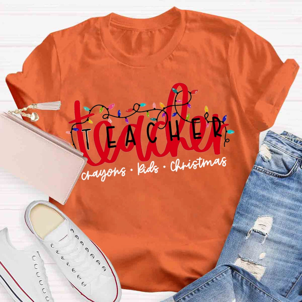 Christmas Lights Teacher Crayons Kids T-shirt