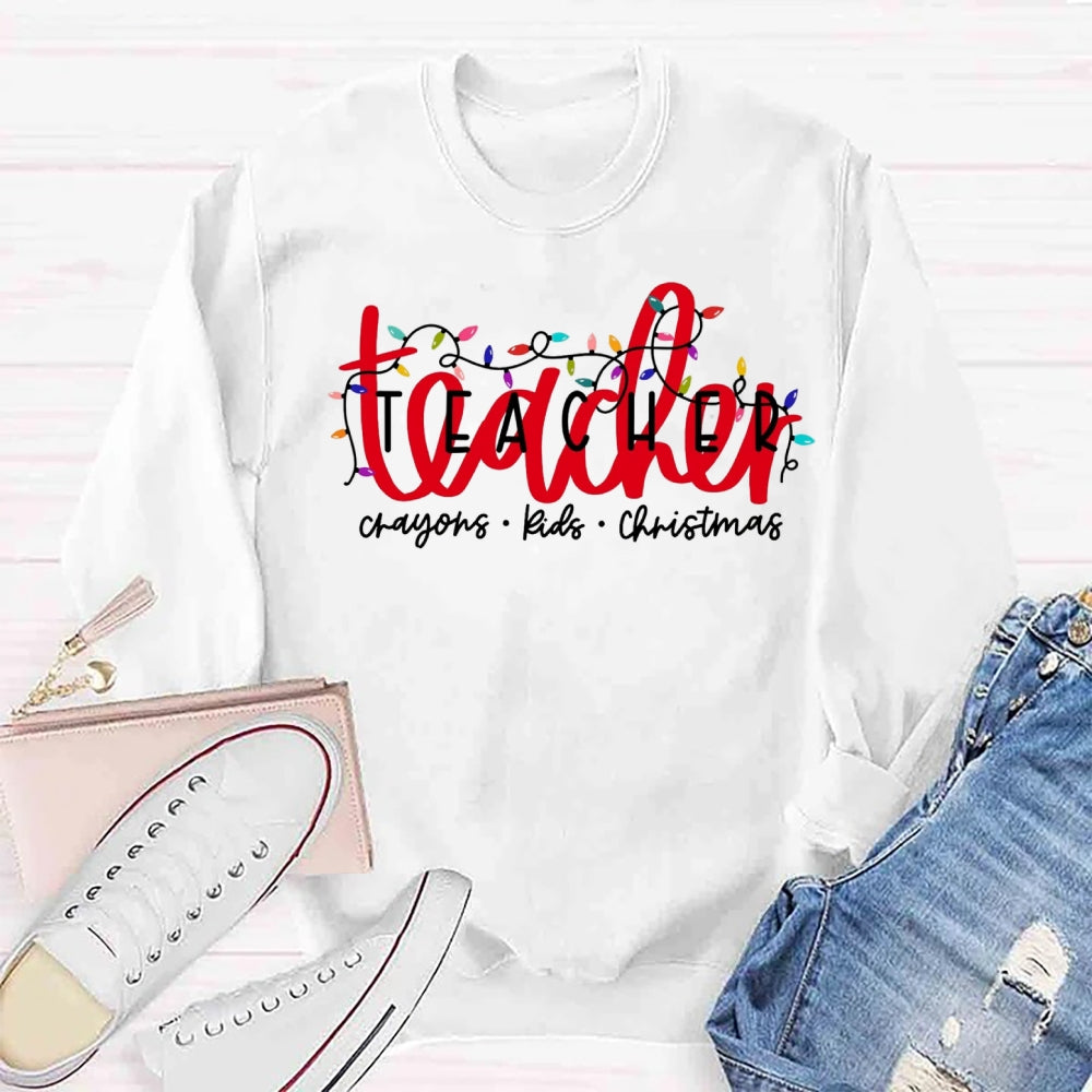 Christmas Lights Teacher Crayons Kids Sweatshirt