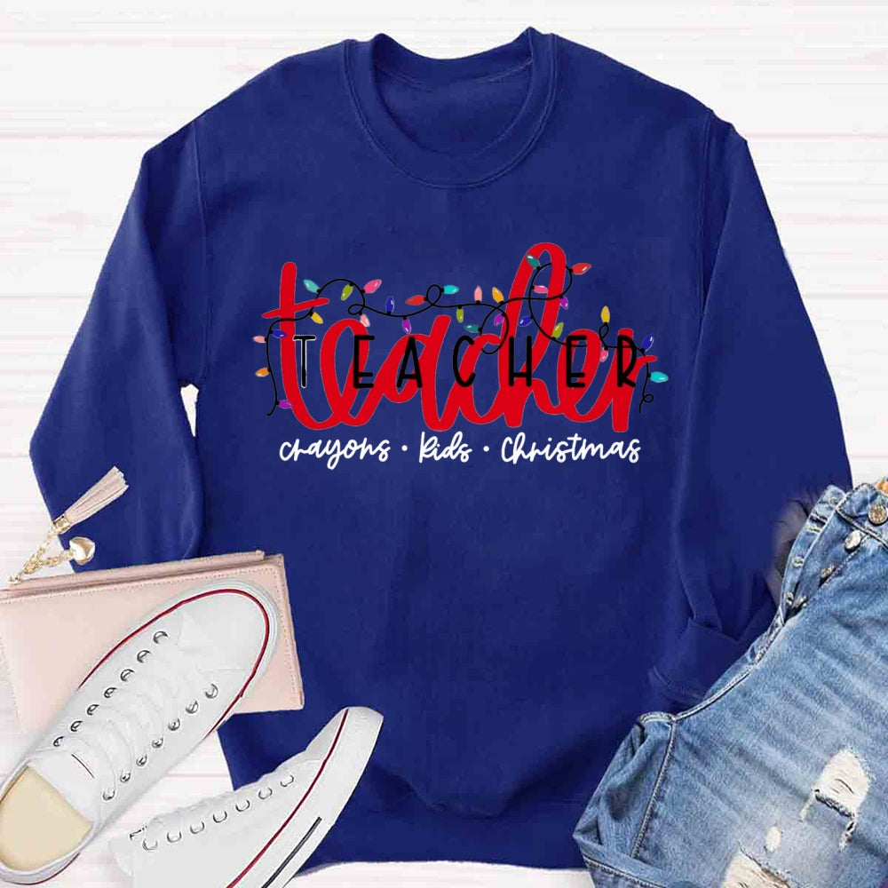 Christmas Lights Teacher Crayons Kids Sweatshirt