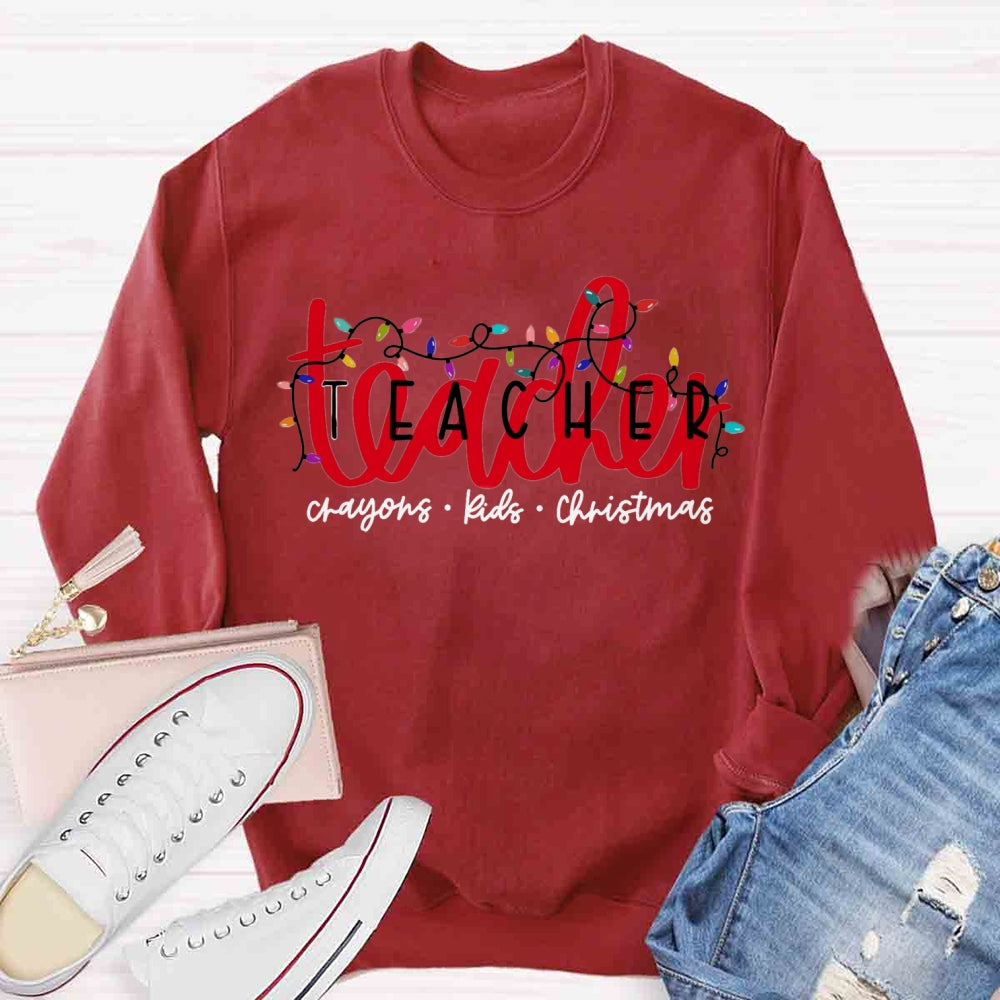 Christmas Lights Teacher Crayons Kids Sweatshirt