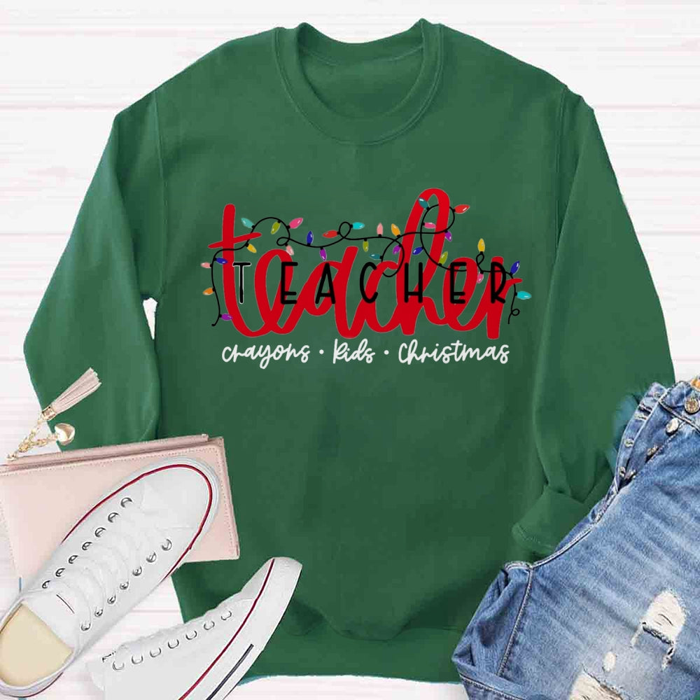 Christmas Lights Teacher Crayons Kids Sweatshirt