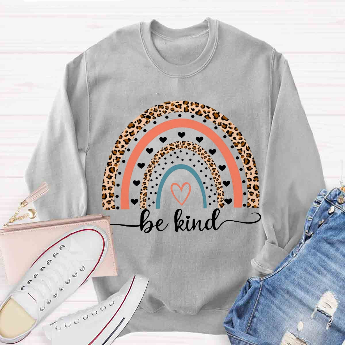 Be Kind Leopard Rainbow Teacher Sweatshirt