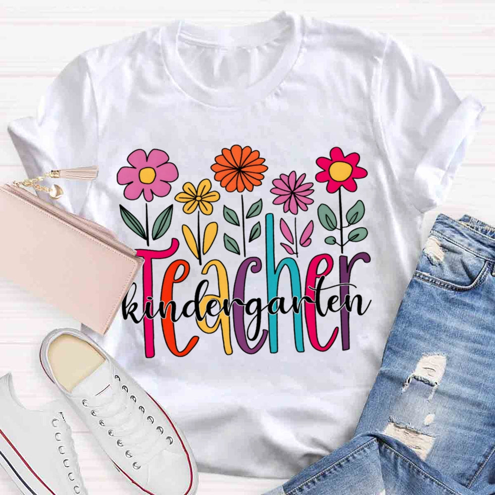 Personalized Grade Kindergarten Teacher Floral T-shirt