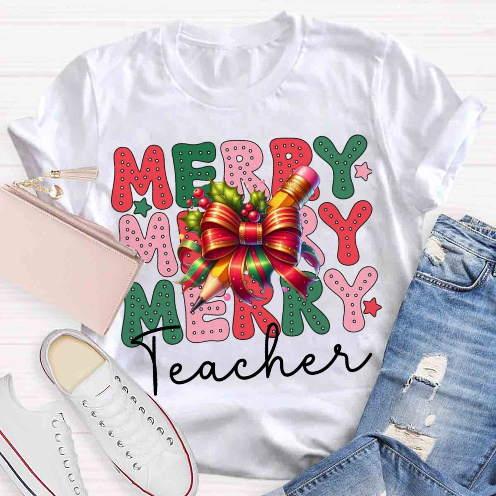 Christmas Merry Teacherabc Bow T-shirt