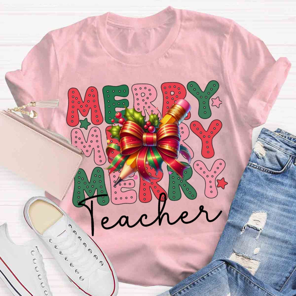 Christmas Merry Teacherabc Bow T-shirt