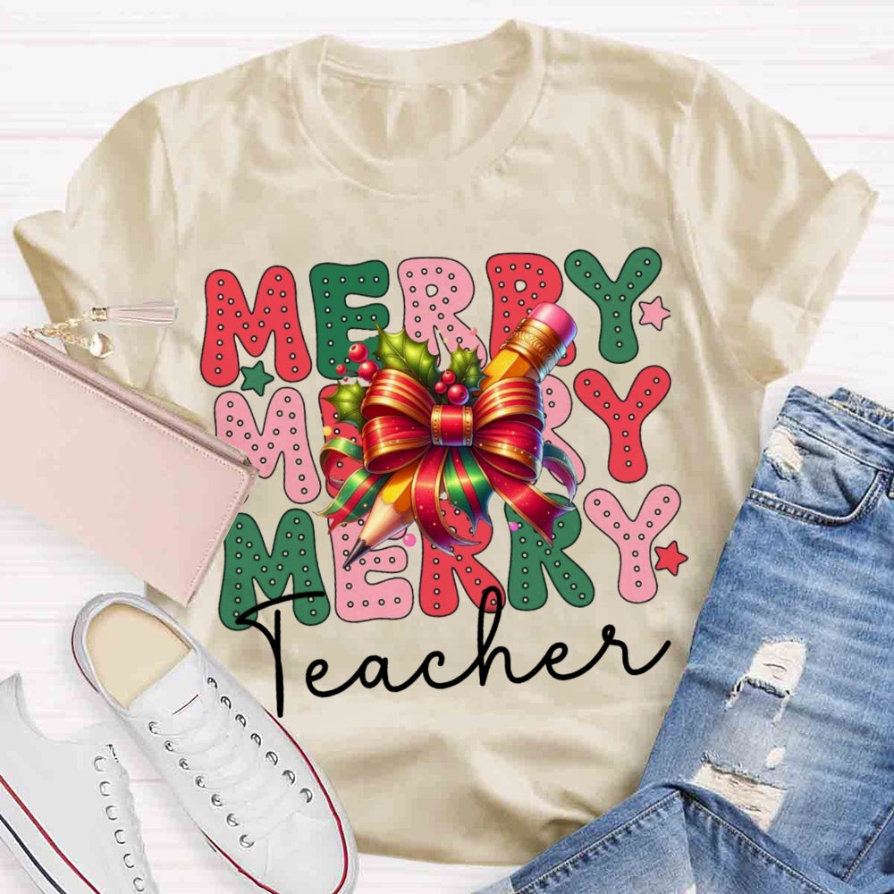 Christmas Merry Teacherabc Bow T-shirt