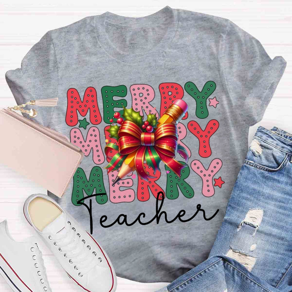 Christmas Merry Teacherabc Bow T-shirt