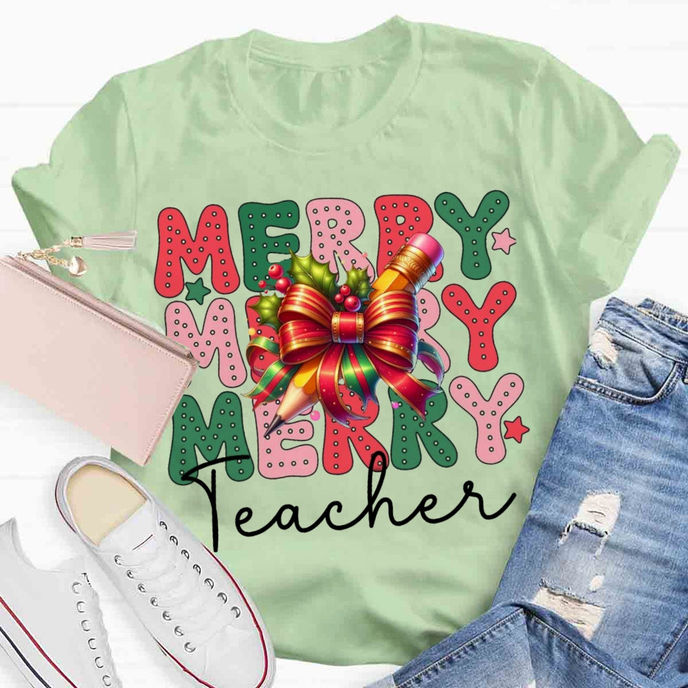 Christmas Merry Teacherabc Bow T-shirt