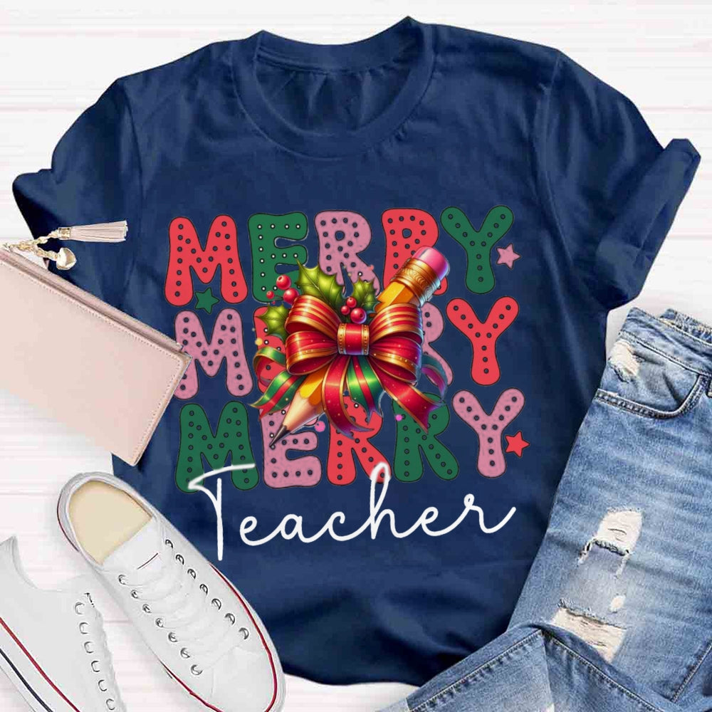 Christmas Merry Teacherabc Bow T-shirt