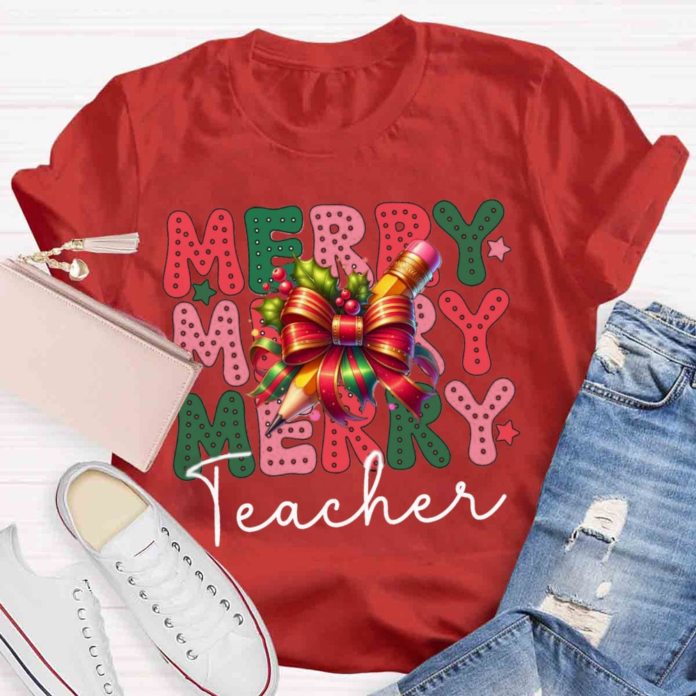 Christmas Merry Teacherabc Bow T-shirt