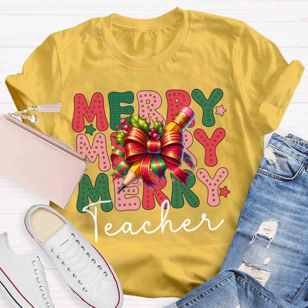 Christmas Merry Teacherabc Bow T-shirt