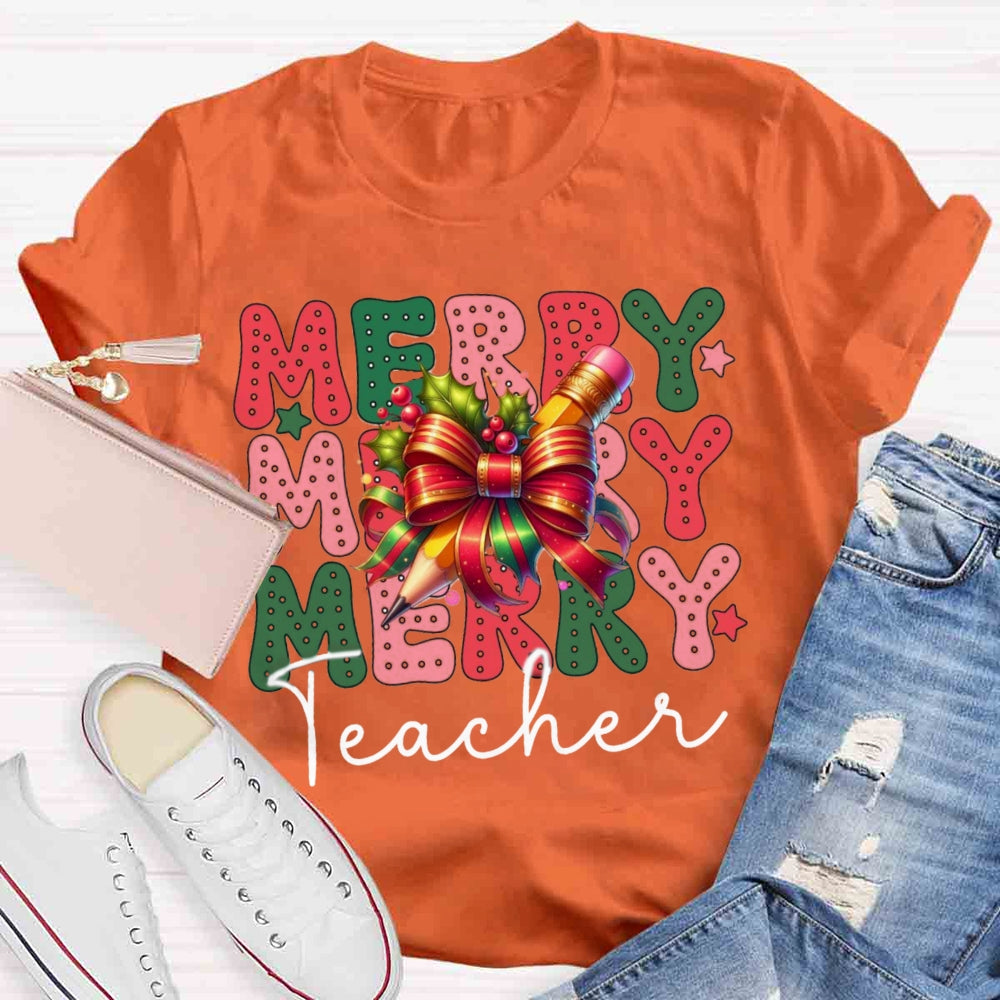 Christmas Merry Teacherabc Bow T-shirt