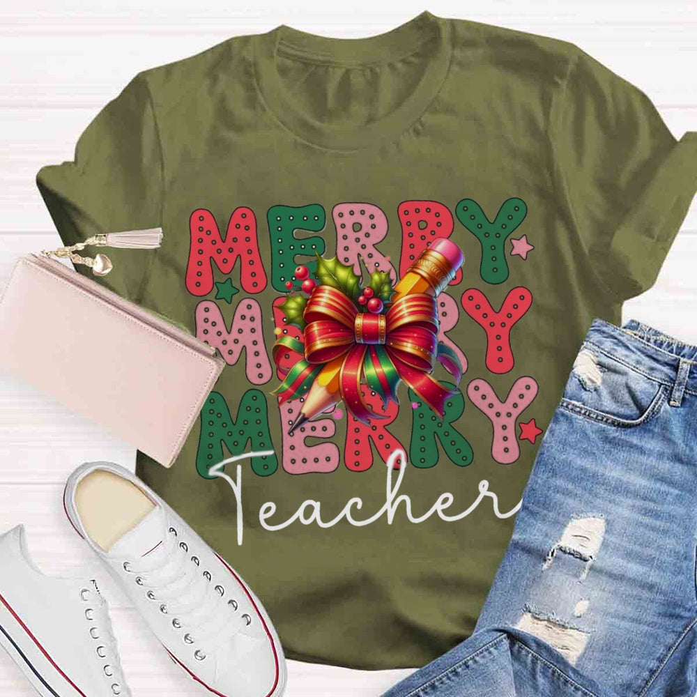 Christmas Merry Teacherabc Bow T-shirt