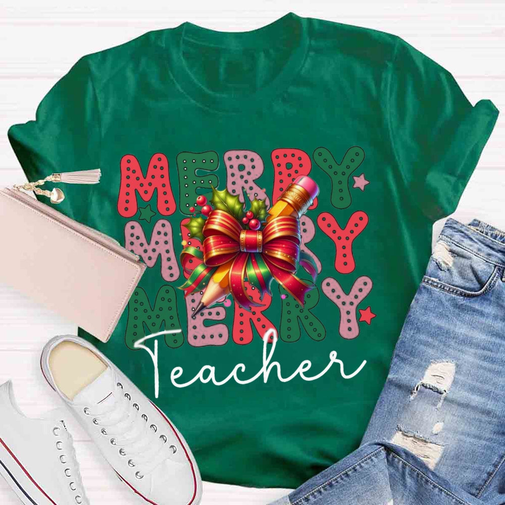 Christmas Merry Teacherabc Bow T-shirt