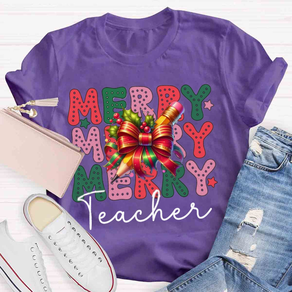 Christmas Merry Teacherabc Bow T-shirt