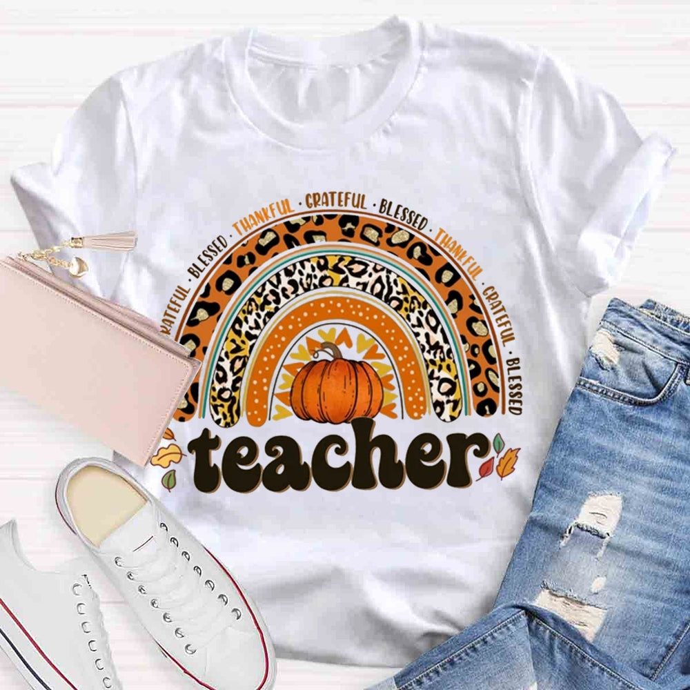 Retro Teacher Rainbow Thanksgiving Autumn T-shirt