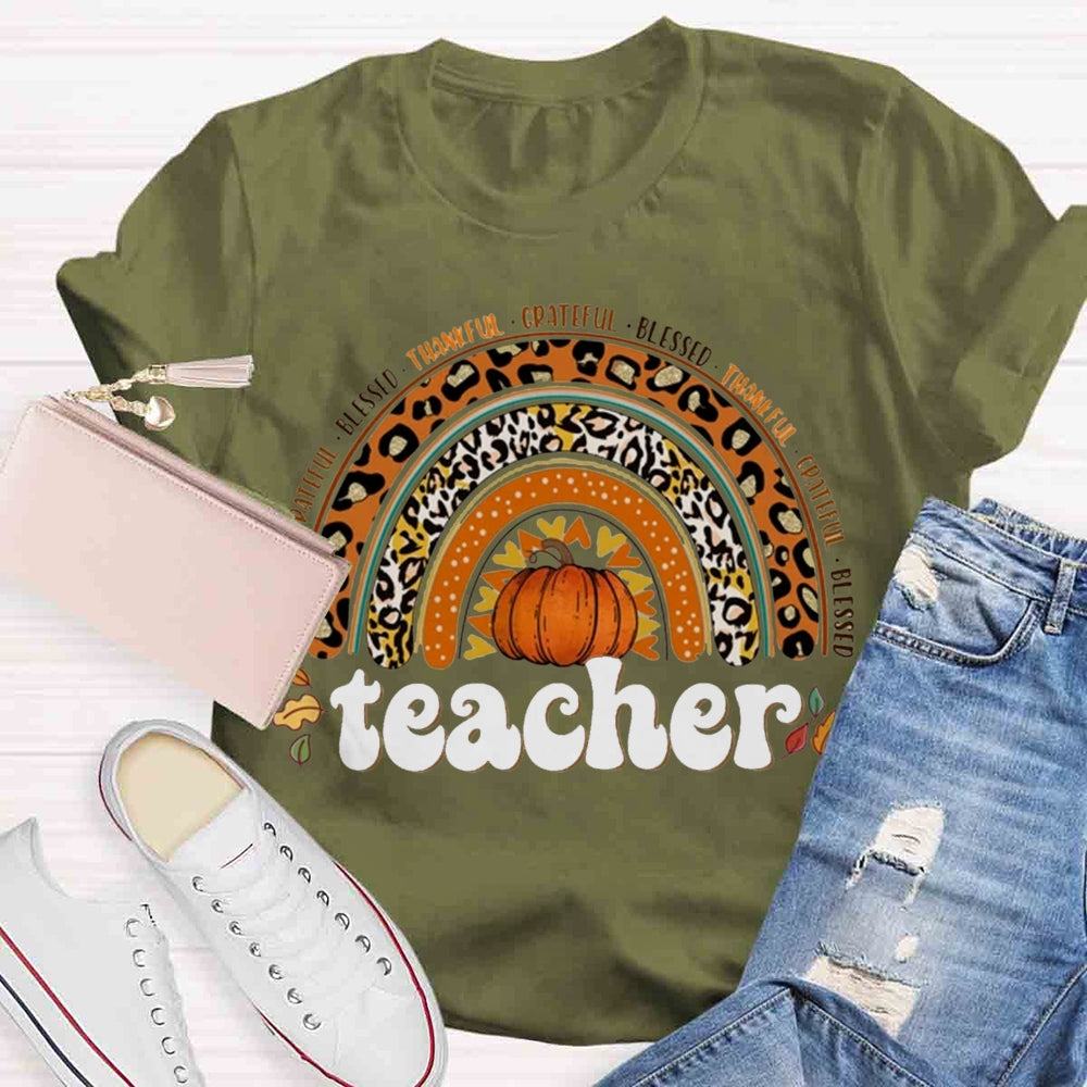 Retro Teacher Rainbow Thanksgiving Autumn T-shirt