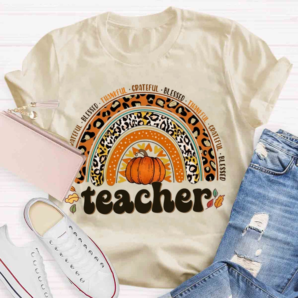 Retro Teacher Rainbow Thanksgiving Autumn T-shirt