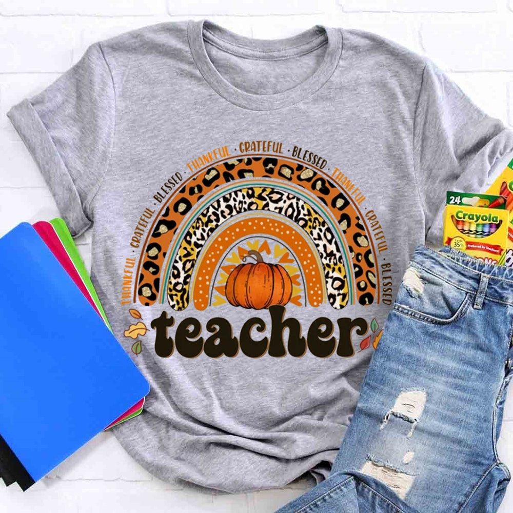 Retro Teacher Rainbow Thanksgiving Autumn T-shirt