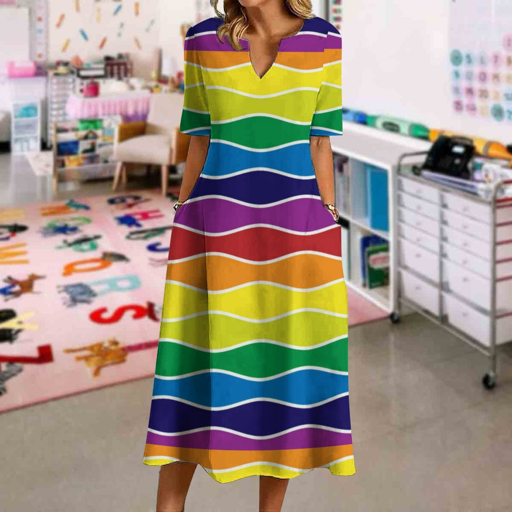 Artistic Multicolor Wave Ripple Print Dress