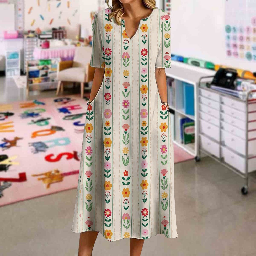 Simple Striped Floral Print Dress