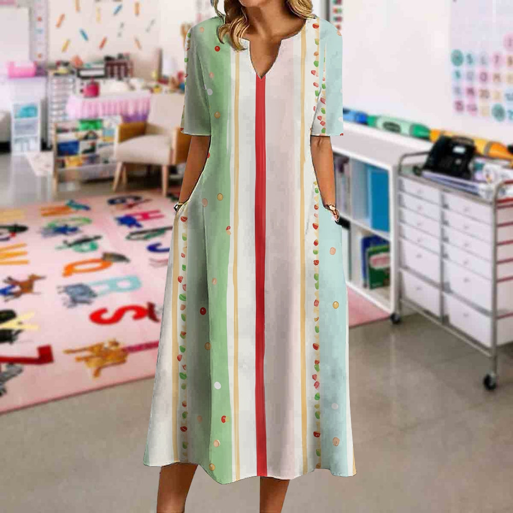 Colorful Gradient Stripes Floral Prints Dress