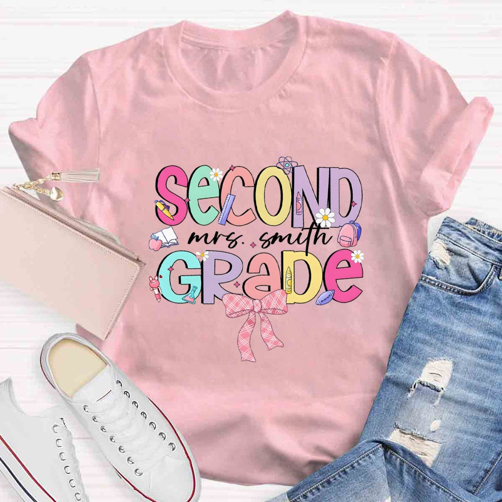 Personalized Name And Grade Pink Bow Back To School  T-shirt