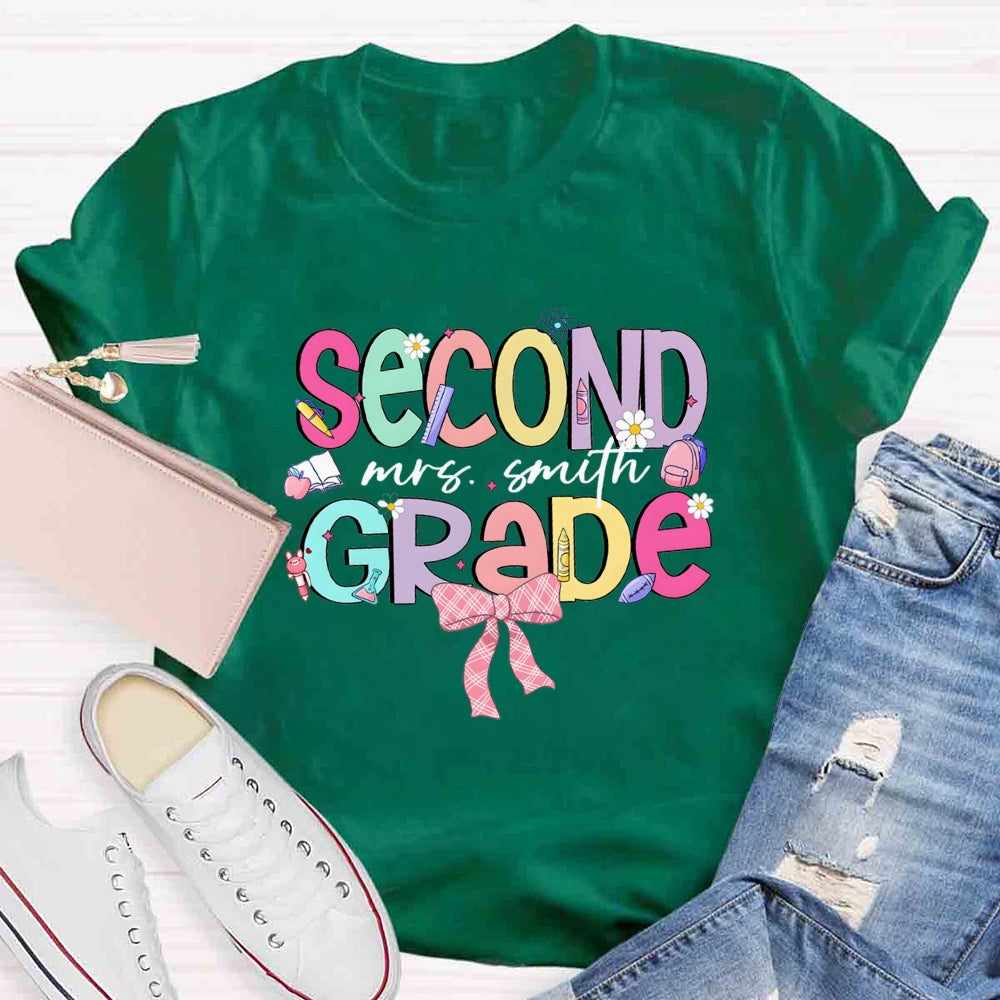 Personalized Name And Grade Pink Bow Back To School  T-shirt