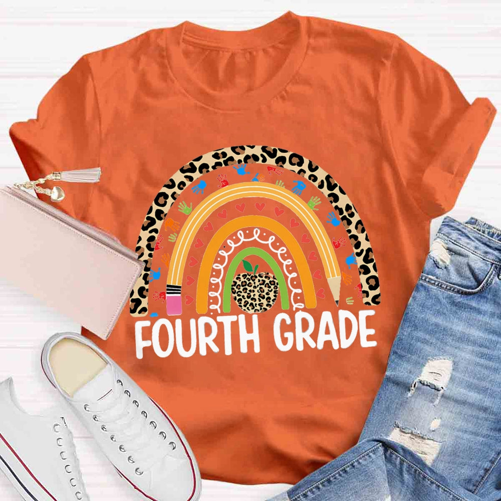 Personalized Grade Leopard Apple Rainbow Fourth Grade T-shirt