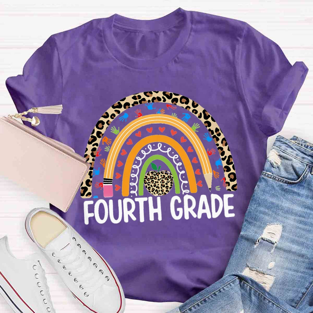 Personalized Grade Leopard Apple Rainbow Fourth Grade T-shirt