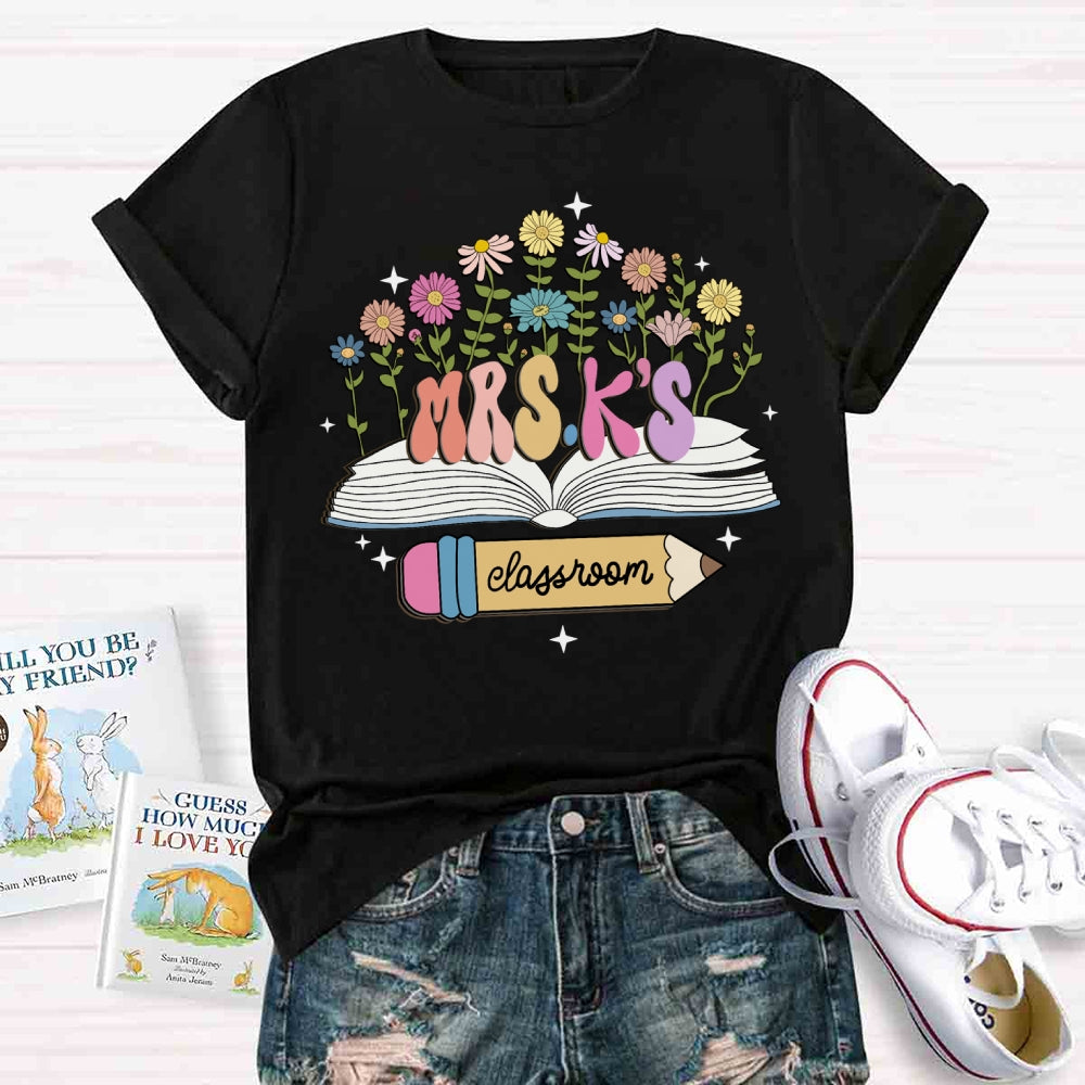 Personalized Name Flower Book Pencil Teacher T-shirt