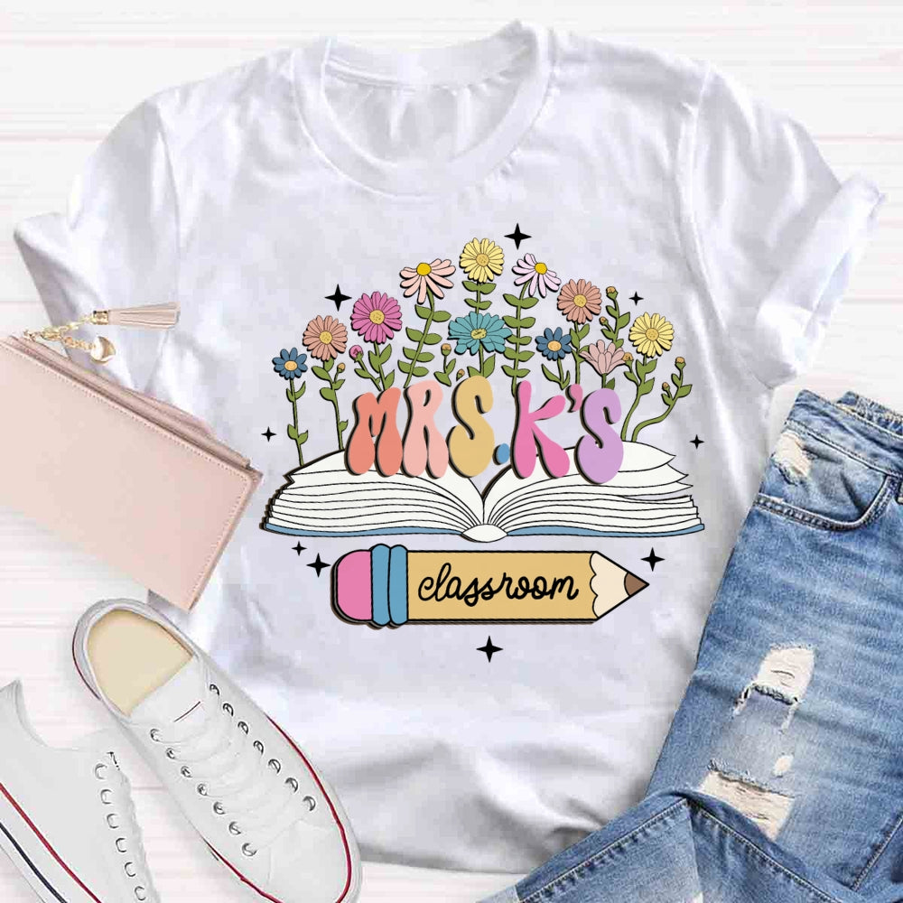 Personalized Name Flower Book Pencil Teacher T-shirt
