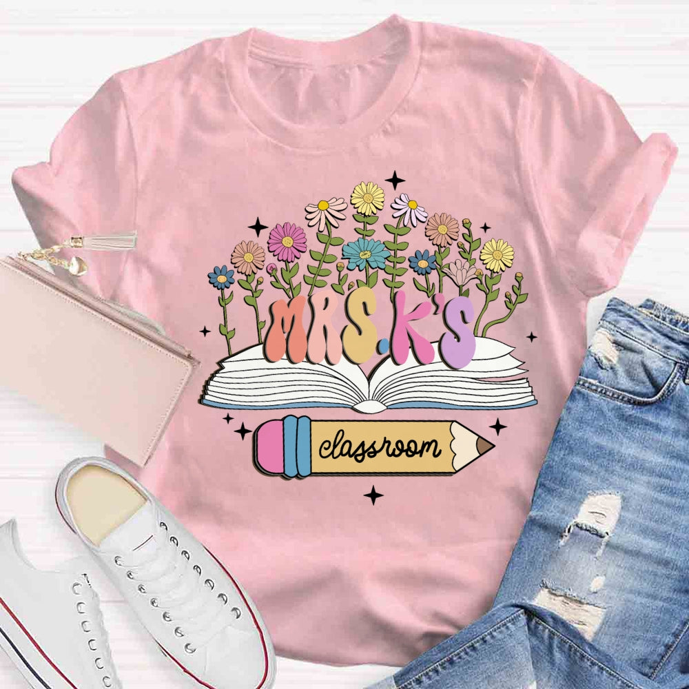 Personalized Name Flower Book Pencil Teacher T-shirt