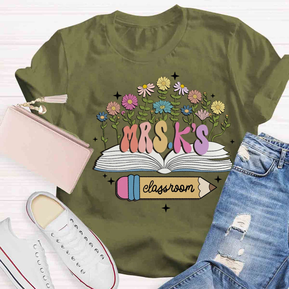 Personalized Name Flower Book Pencil Teacher T-shirt